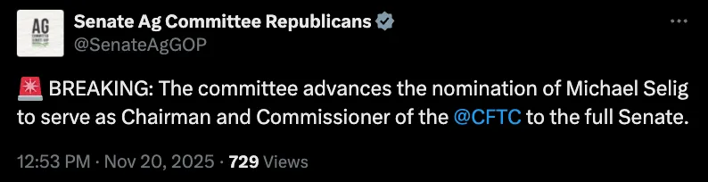 CFTC主席提名人MichaelSelig将提交参议院投票