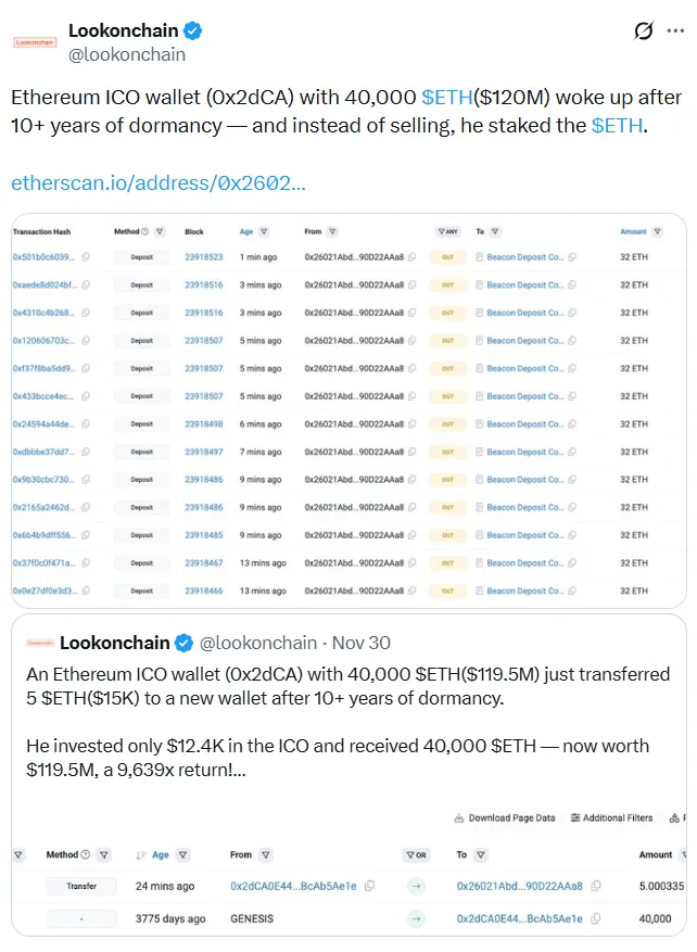 以太坊ICO巨鲸十年后质押1.2亿美元ETH重返市场
