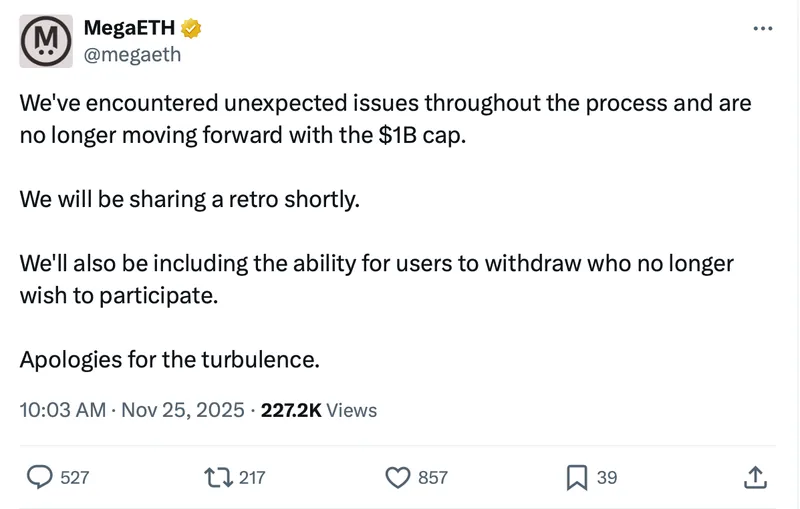 MegaETH因技术故障冻结5亿美元存款，取消10亿美元筹款计划