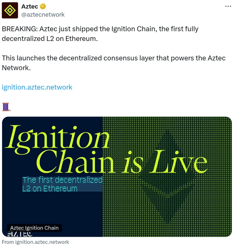 Aztec主网正式上线，开启去中心化以太坊L2质押新纪元