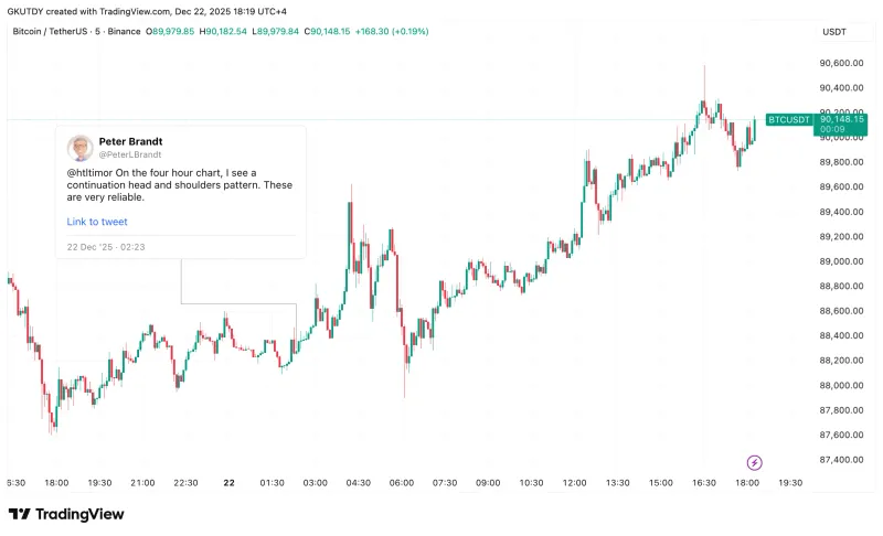 彼得·布兰特解析比特币头肩形态，关注$85,000支撑位