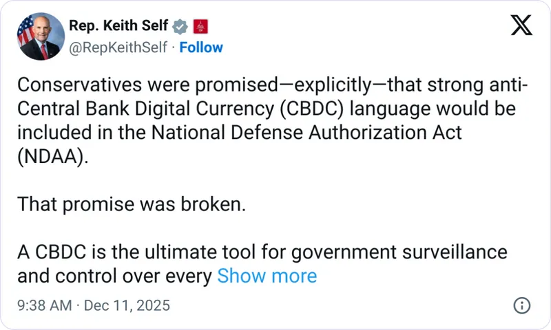 国防法案未纳入央行数字货币禁令引发共和党不满