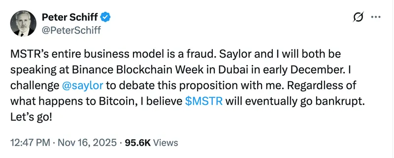 PeterSchiff挑战Saylor辩论，称Strategy模式为“欺诈”