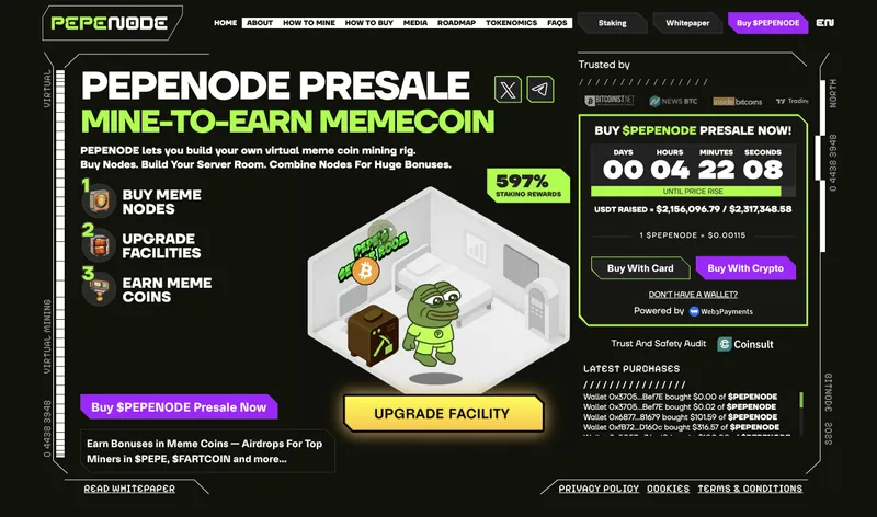 PEPENODE presale page - best new meme coin to buy.