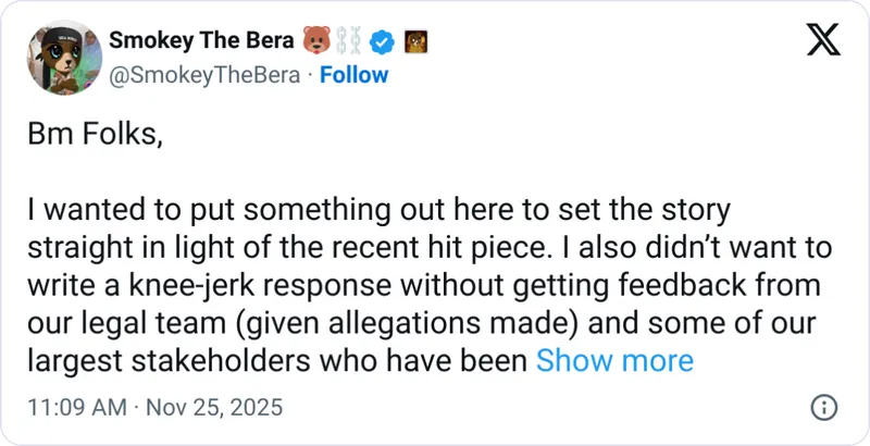 Berachain创始人澄清2500万美元退款协议报道不实