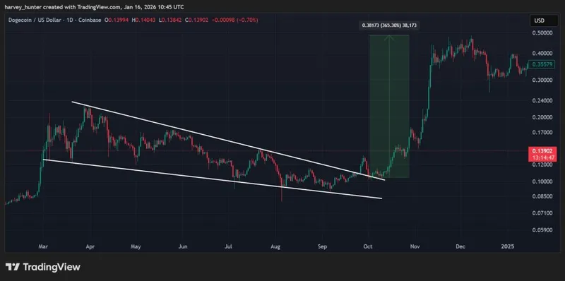DOGE / USDT 1-day chart, 2021 falling wedge breakout. Source: TradingView.