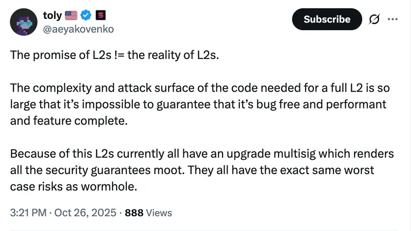 Solana创始人质疑以太坊L2安全性，称其风险被低估
