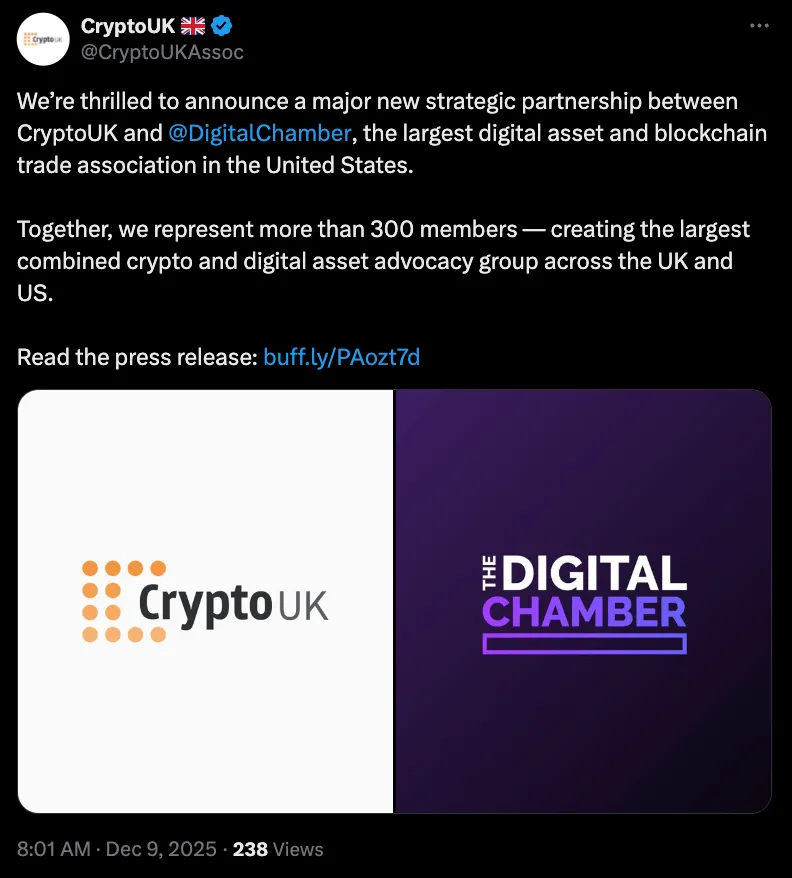 CryptoUK与数字商会携手推动英美跨境加密政策合作