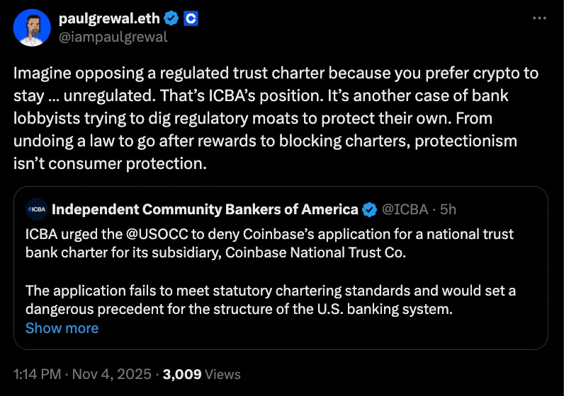 Coinbase申请信托执照遭ICBA强烈反对，银行利益受威胁