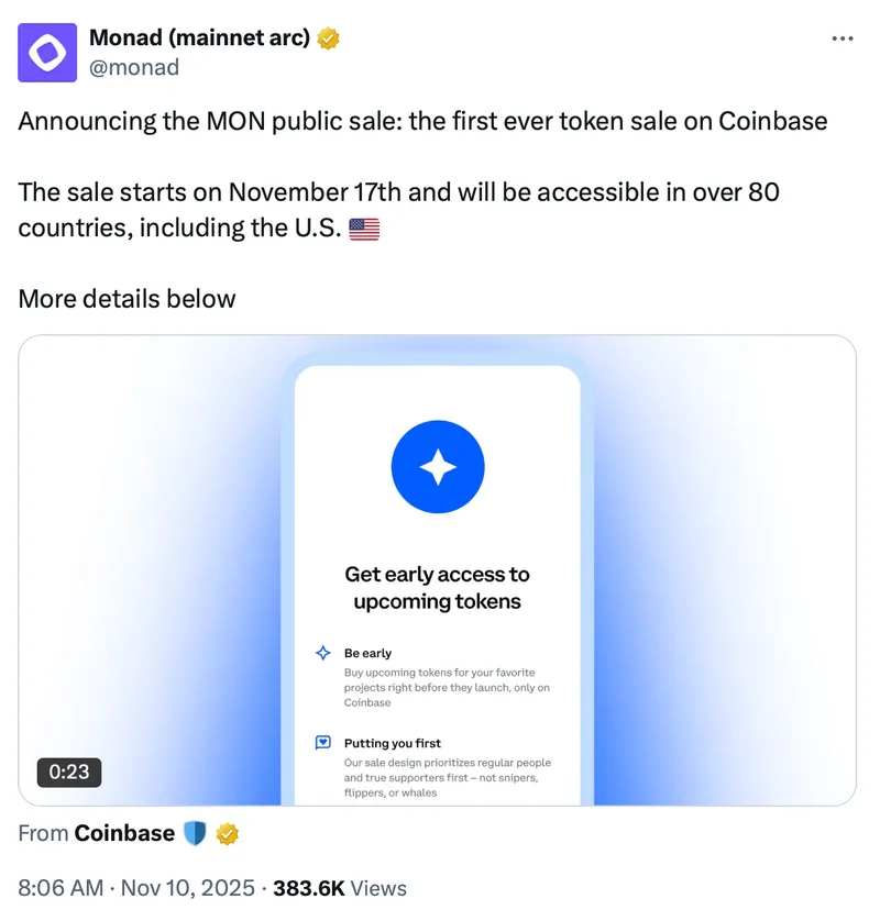 Coinbase新平台首发Monad代币，开启美国散户投资机会
