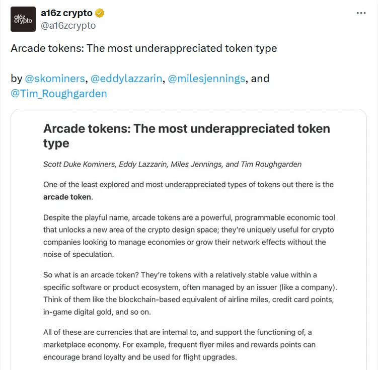 a16z：游戏厅代币助力加密货币经济发展