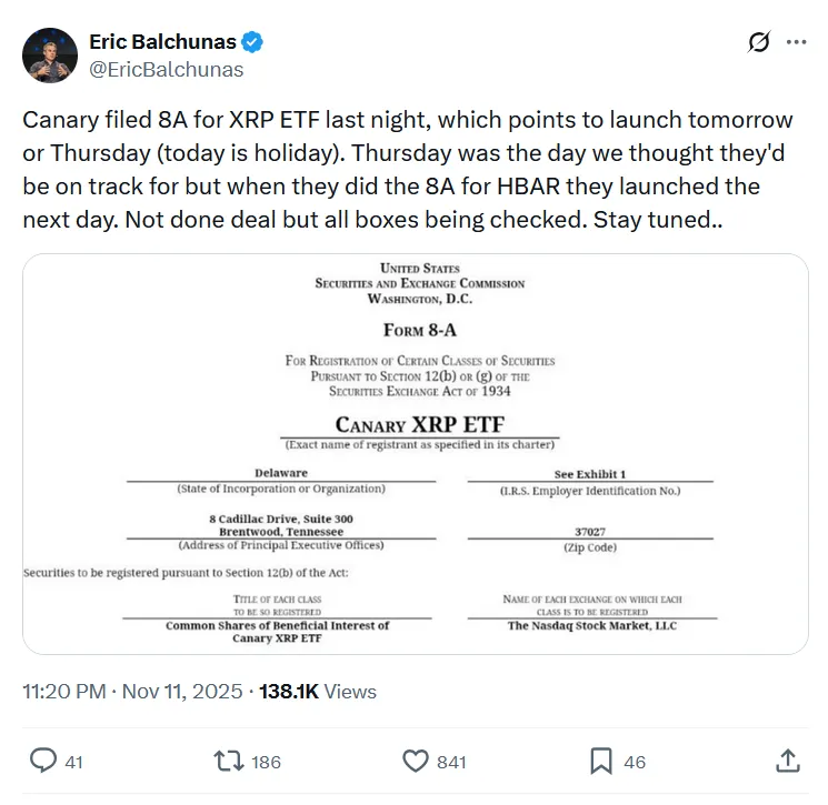 首个现货XRPETF或将于本周四正式上市