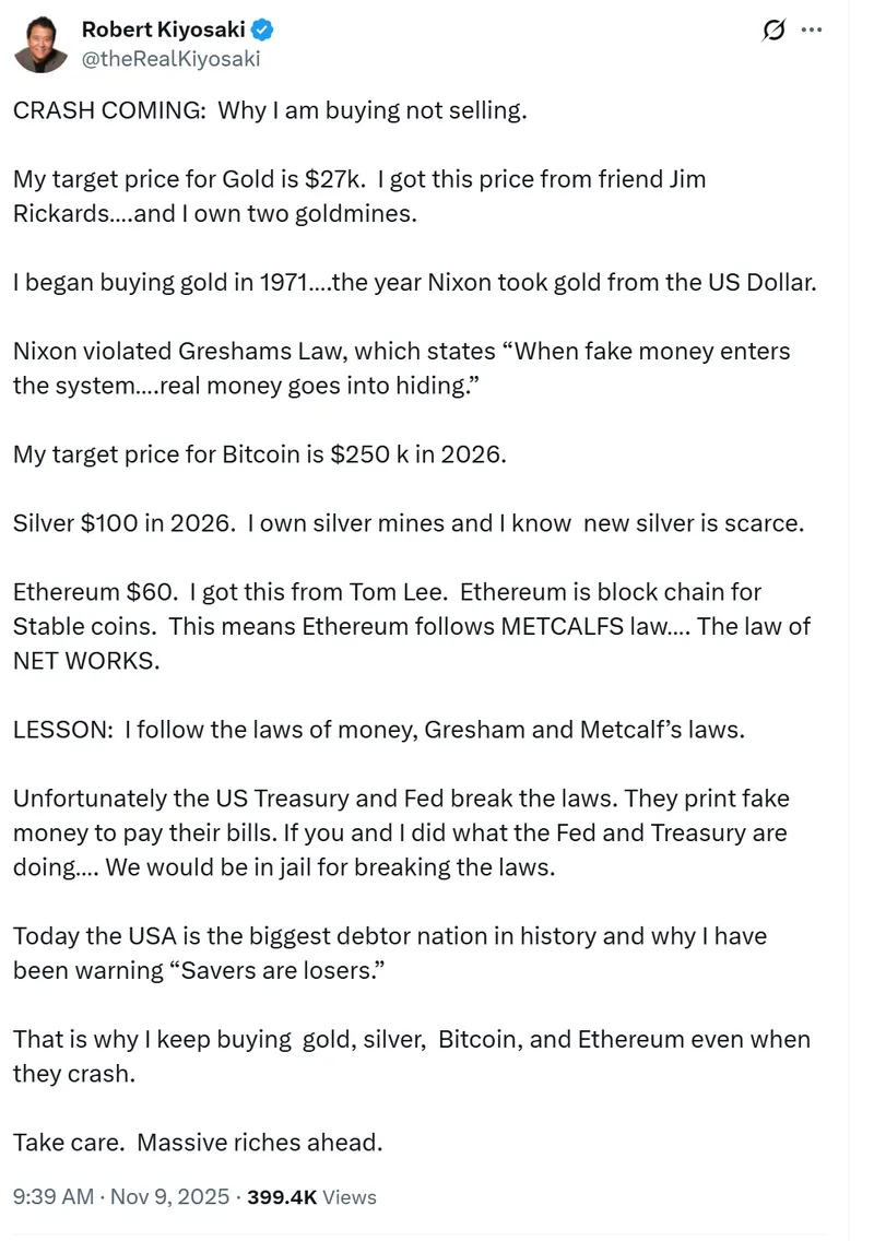 罗伯特·清崎看涨比特币，2026年目标25万美元