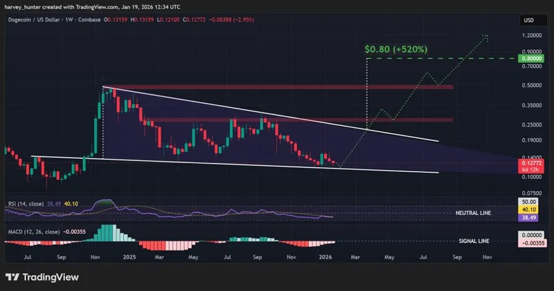 DOGE USD 1-week chart, falling wedge pattern. Source: TradingView.
