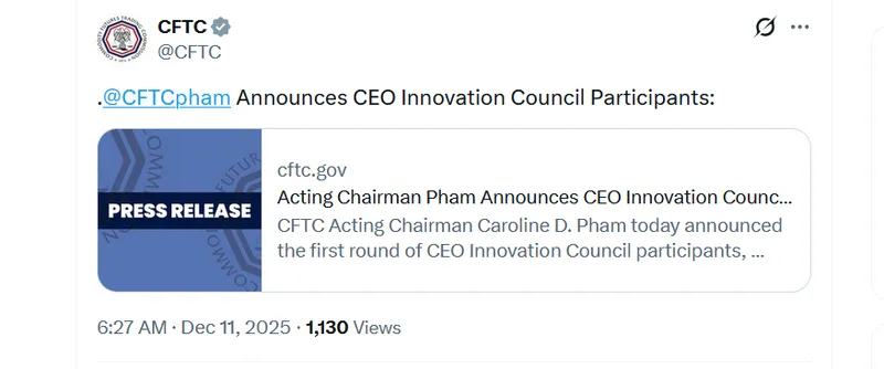 CFTC新设CEO创新委员会聚焦加密资产与衍生品市场发展
