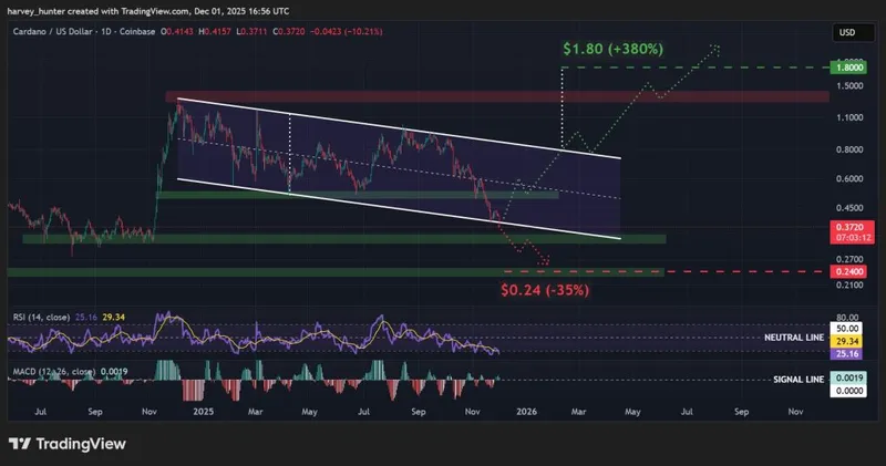 ADA / USD 1-day chart, descending channel pattern. Source: TradingView.