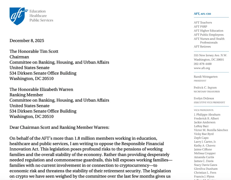 教师工会警告加密市场法案将威胁退休基金安全