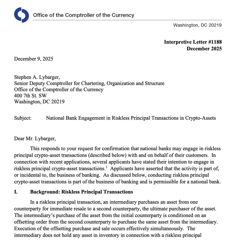 美国OCC允许国家银行以无风险做市商身份交易加密货币