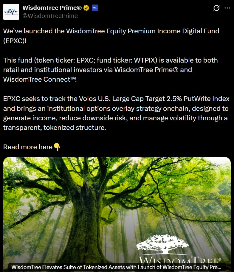 WisdomTree推出EPXC代币化基金，期权策略上链创新投资选择