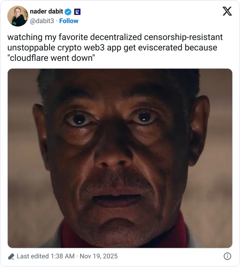 Cloudflare故障致20%网站瘫痪，凸显加密行业中心化风险