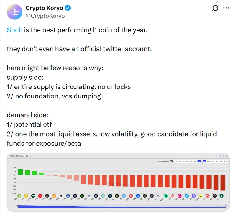 比特币现金BCH涨近40%成年度最佳L1公链