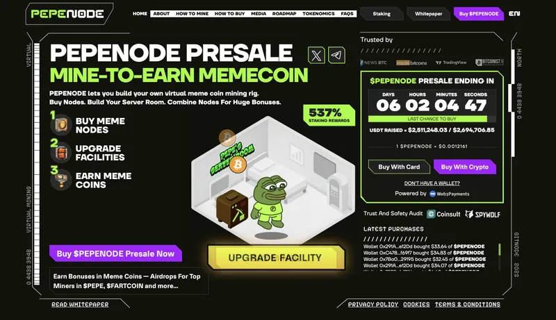 PEPENODE presale page - best new meme coin to 100x in 2026.
