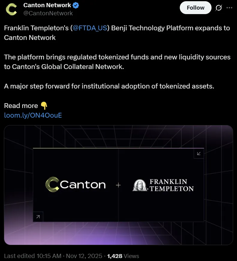 富兰克林邓普顿将Benji平台接入Canton网络推动代币化投资发展