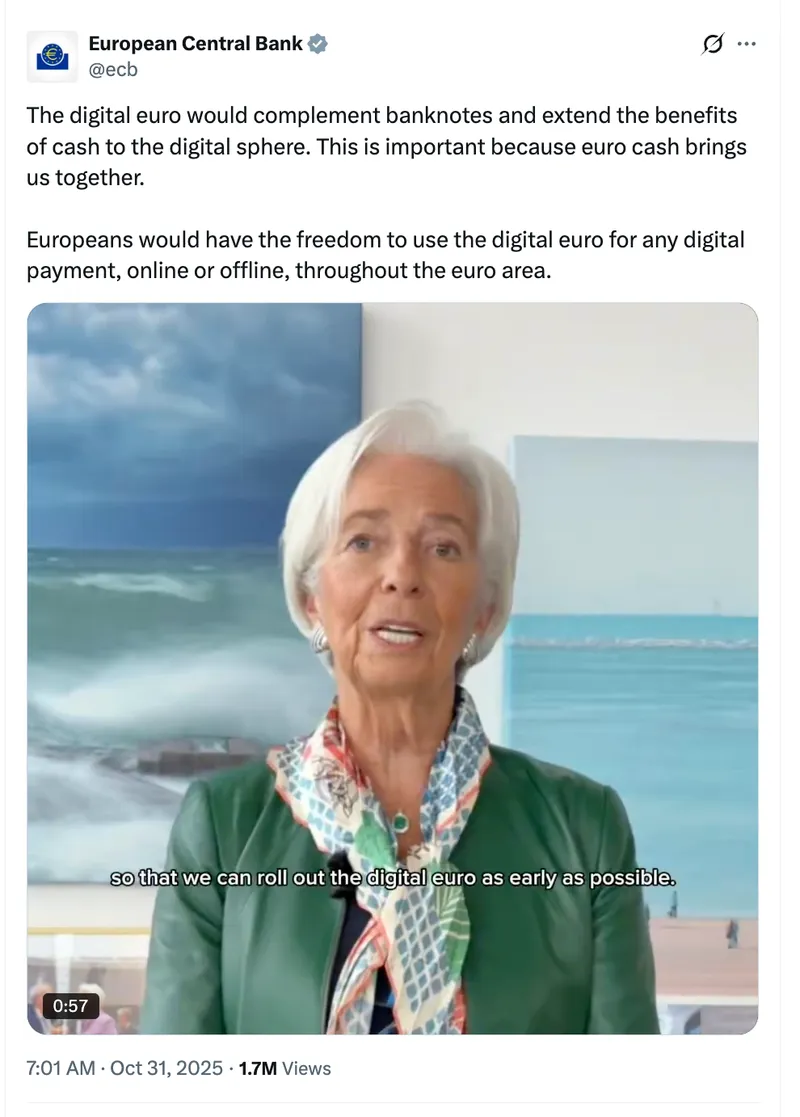 欧洲央行行长称数字欧元为欧盟团结象征，计划2029年推出