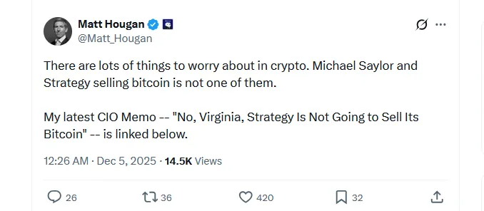 Bitwise高管：MSTR无须因股价下跌出售比特币持仓