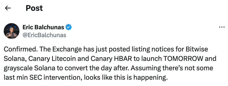 Solana、莱特币与HederaETF即将于周二在美上市