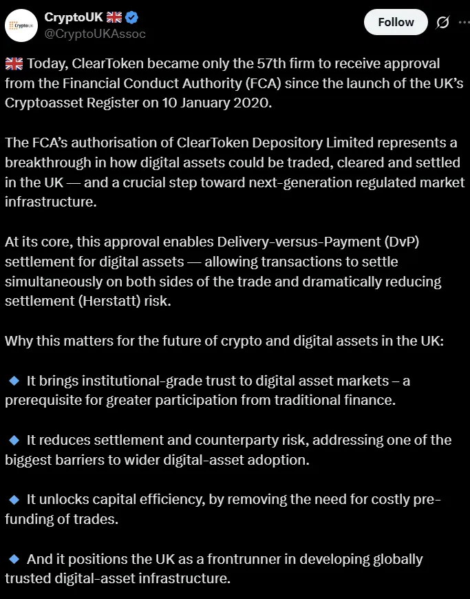 ClearToken获FCA批准推出CTSettle加密结算平台