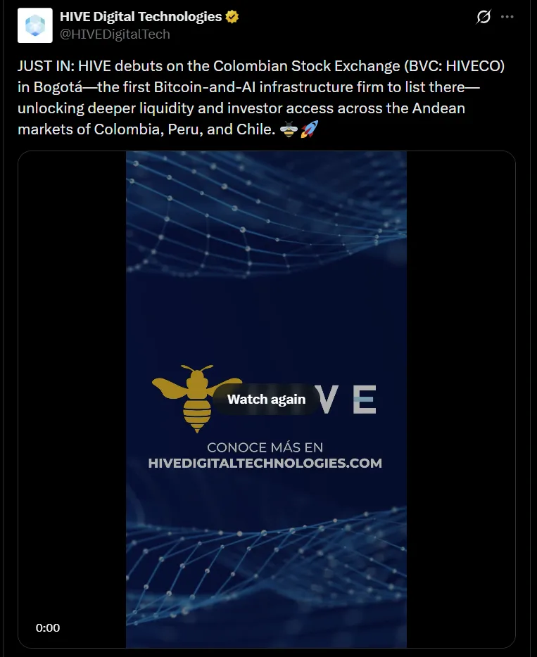 HIVE在拉丁美洲上市拓展比特币与AI基础设施投资机会