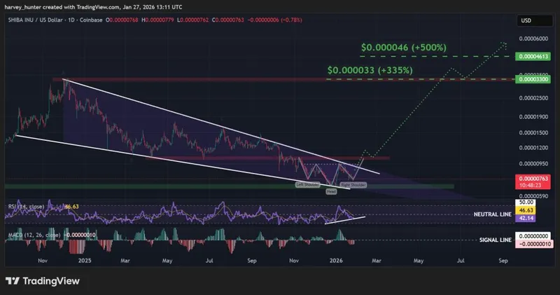 SHIB USD 1-day chart - bullish head-and-shoulder fuels falling wedge. Source: TradingView.