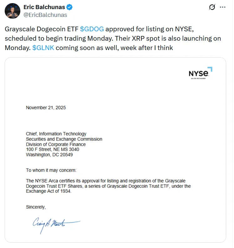 纽交所批准灰度DOGE和XRPETF周一挂牌交易