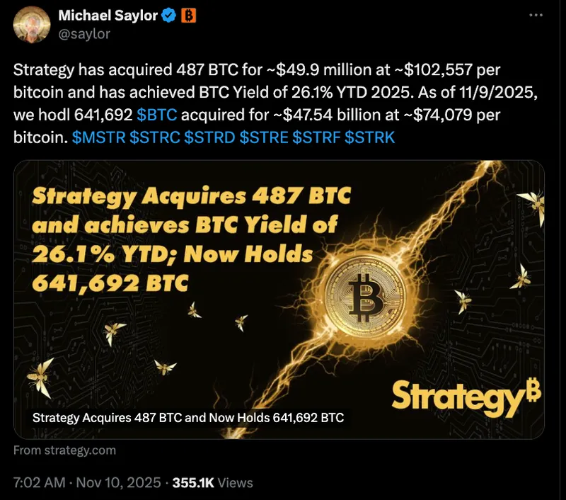 Strategy增持487枚比特币至641692枚，投资总额达5000万美元