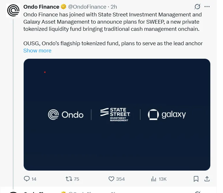 StateStreet与Galaxy联手推出24/7代币化流动性基金SWEEP