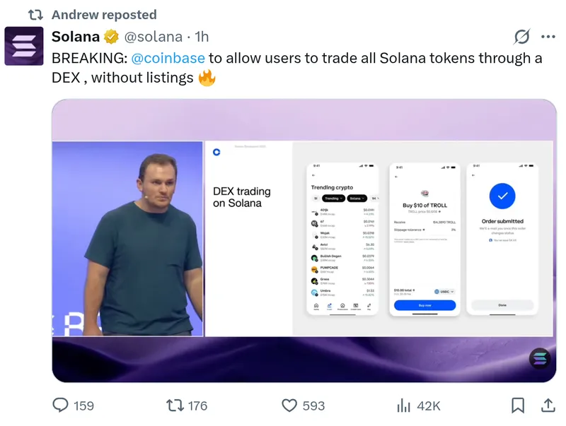 Coinbase整合SolanaDEX，用户可无审核交易SOL代币