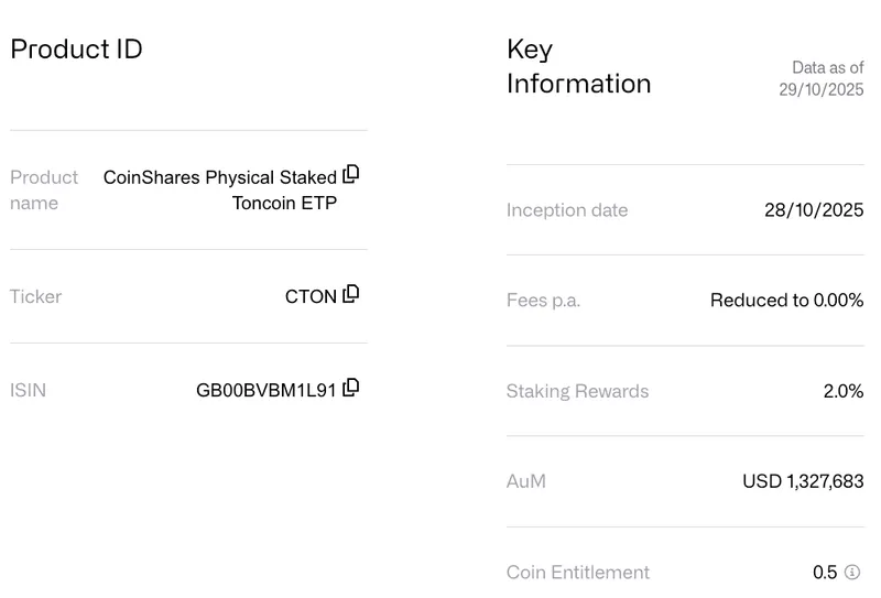 CoinShares推出ToncoinETP，质押收益达2%