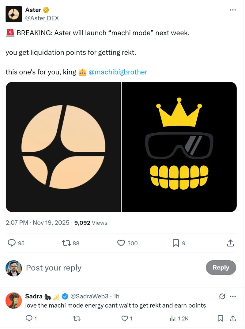 Aster推出Machi模式，奖励爆仓交易者新积分机制